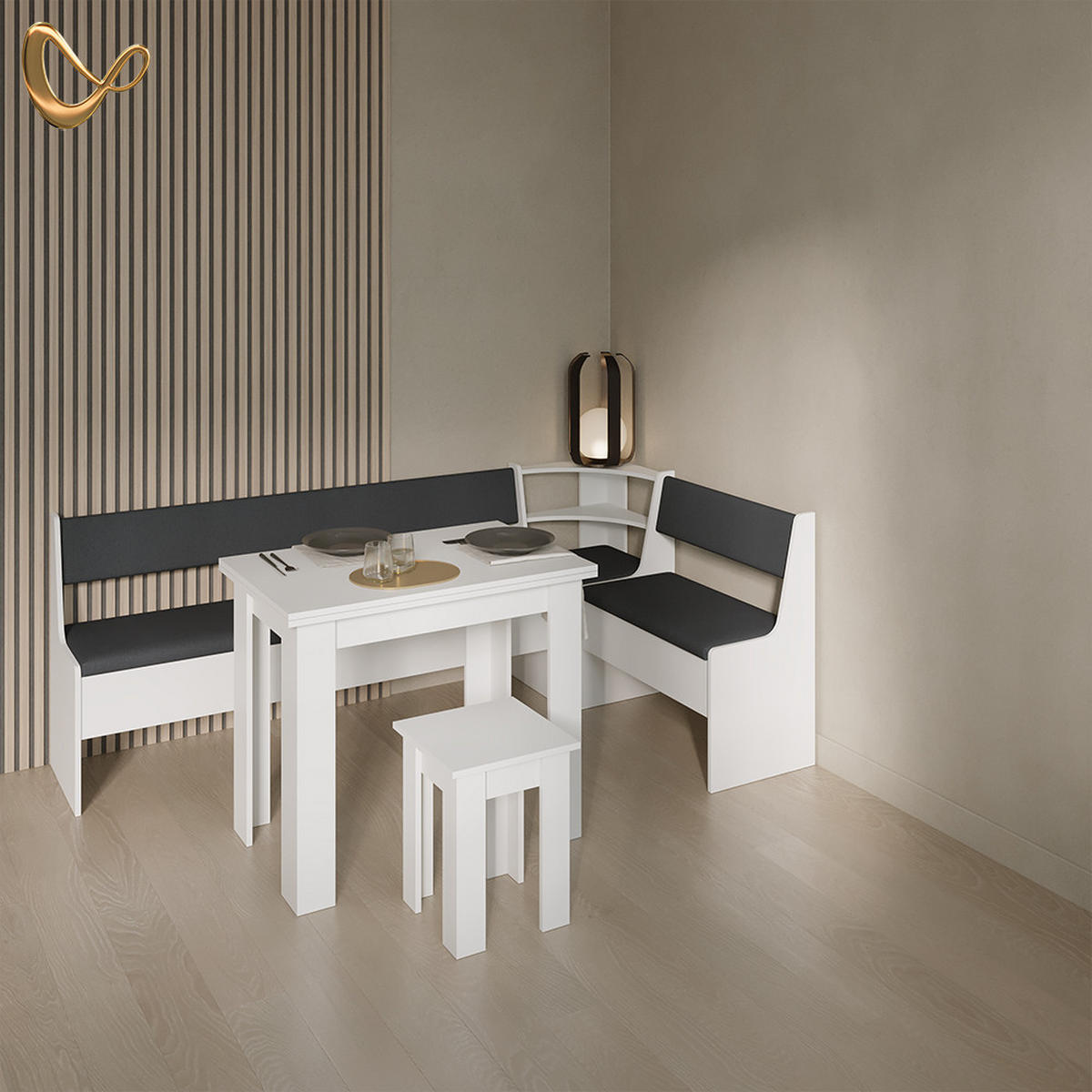 ECKBANKGRUPPE Tiberio Weiß 210 x 120 cm mit Tisch - Weiß, Holzwerkstoff (210/80/120cm) - Livinity®