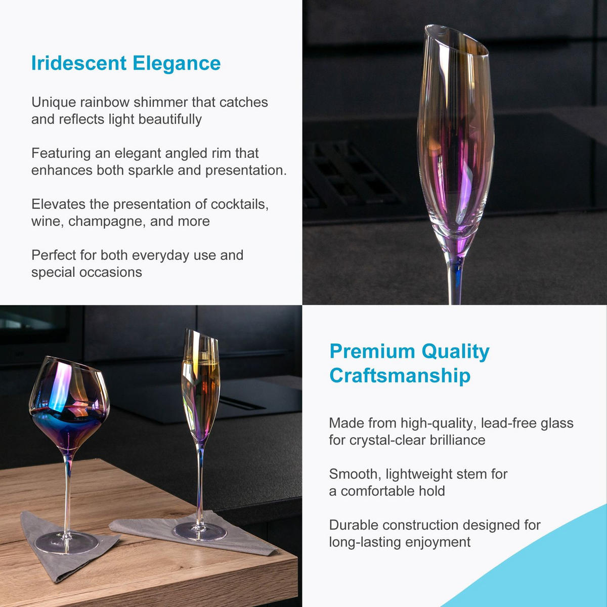 CHAMPAGNER/SEKT Glas mit moderner Kante Regenbogen Schimmer 150 ml (4er-Set) - Transparent, Glas (0.15L) - Intirilife