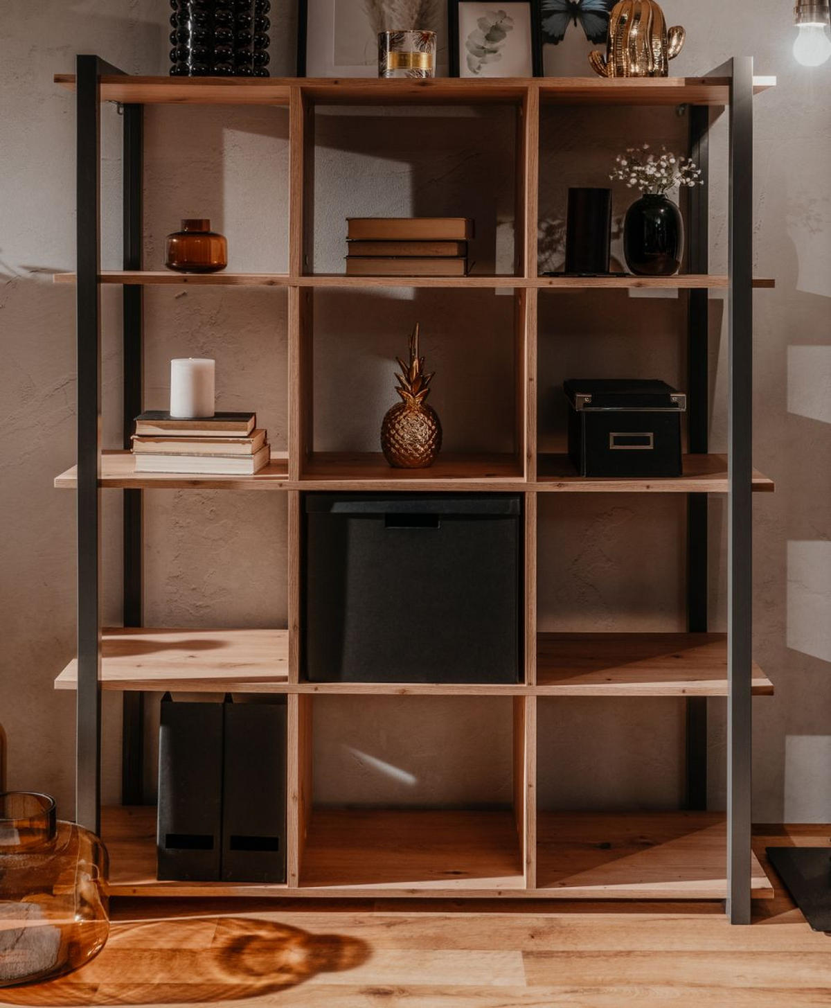 REGAL Eiche Artisan, grau 107 cm Industrial, Standregal mit 12 Fächern - Eichefarben/Anthrazit, Holzwerkstoff (107/145/40cm) - Furn.Design