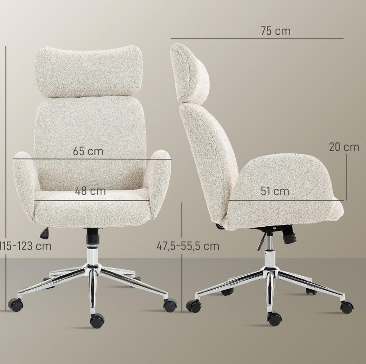 DREHSTUHL 65/75/123 cm hellgrau aus Polyester mit verstellbarer Kopfstütze - Hellgrau, Kunststoff (65/123/75cm) - OKWISH