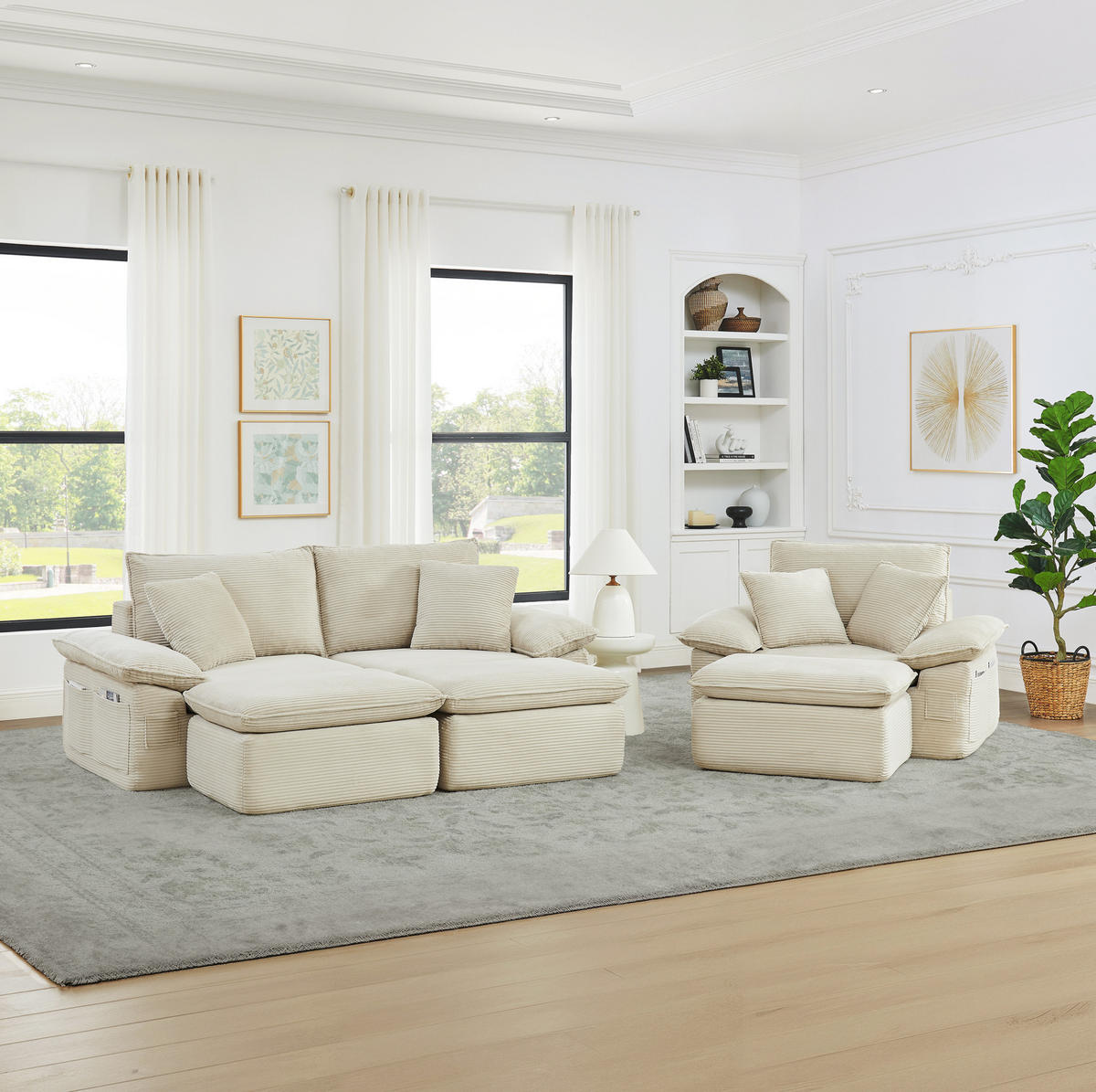 2-SITZER-BODENSOFA 156/206/65 cm beige aus Stoff mit Fußstütze und Seitentaschen - Beige, Textil (206/65/156cm) - OKWISH
