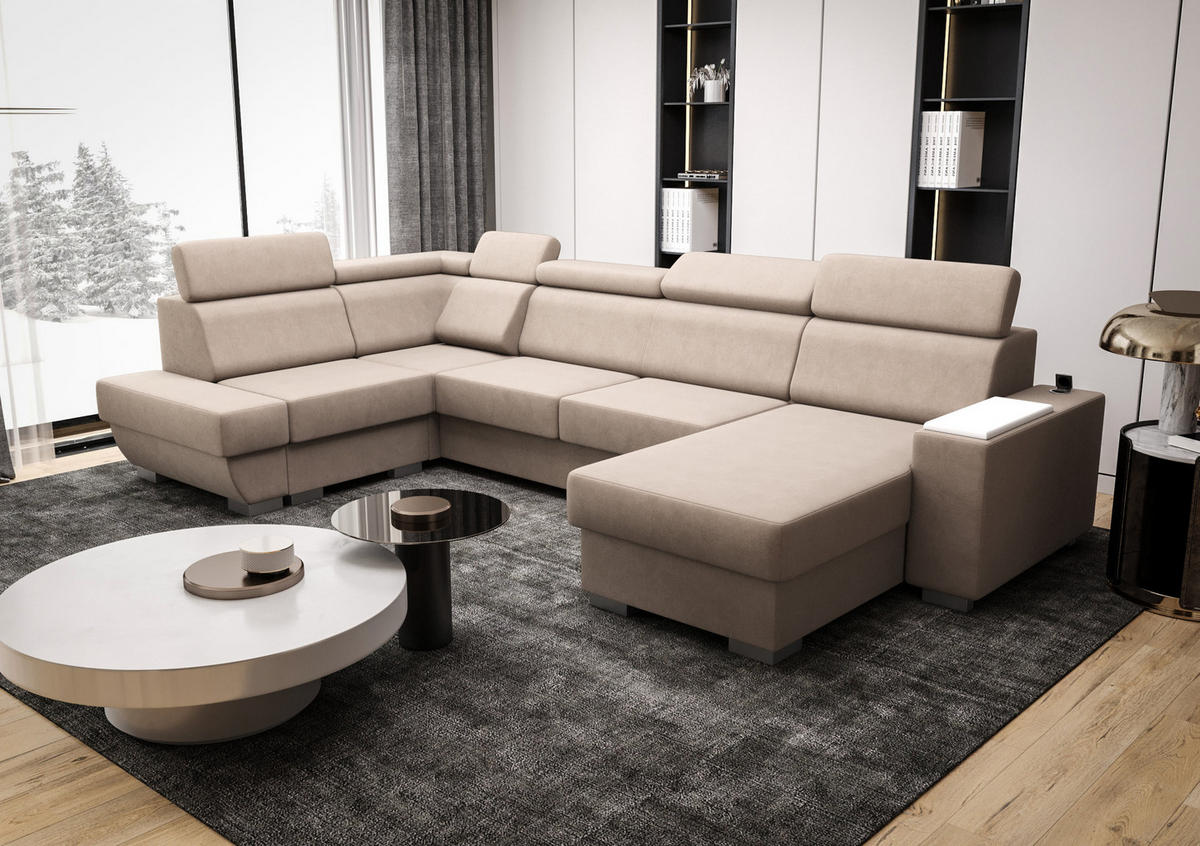 WOHNLANDSCHAFT KONGO RBN20, Eckcouch in U-Form mit Schlaffunktion, Farbe: Beige, Velourstoff, Ottomane Rechts - Beige, Textil (340/103/200cm) - O-Sofa