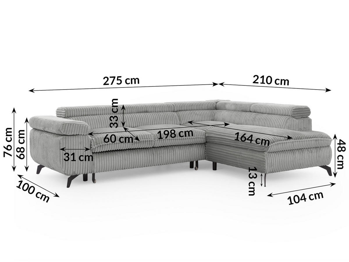 ECKSOFA mit Schlaffunktion und Bettkasten Bonnie aus Hellgrau Cord-Stoff mit verstellbaren Kopfstützen und Armlehne - Ottomane rechts - Hellgrau/Schwarz, Holz/Textil (275/210cm) - S-Style Möbel