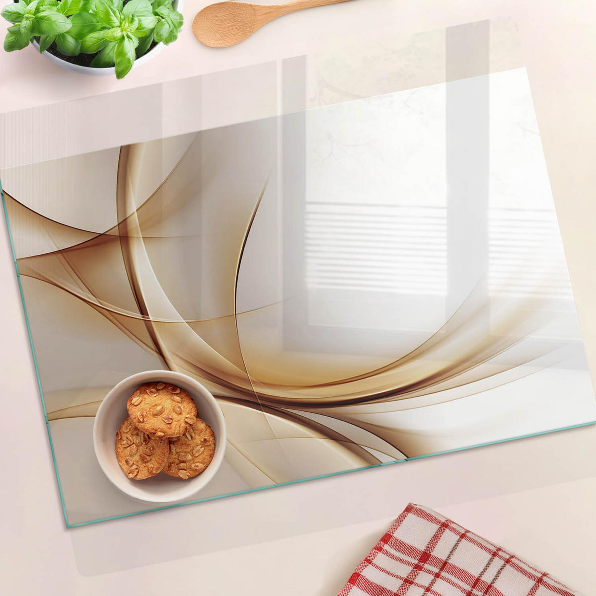 GLASPLATTE 60x52 cm Abstrakte Wellen - Beige, Glas (60/0.4/52cm) - TULUP