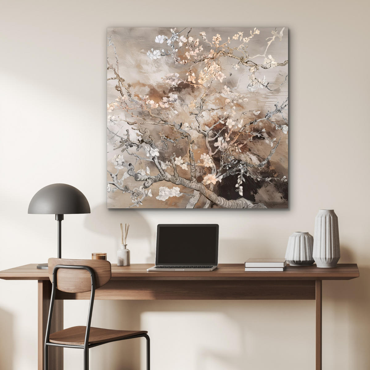 KOVOVÝ OBRAZ Mandľový kvet - Umenie - Van Gogh - Béžová - Abstraktné 90x90 cm - hnedá, kov (90/90cm) - MuchoWow