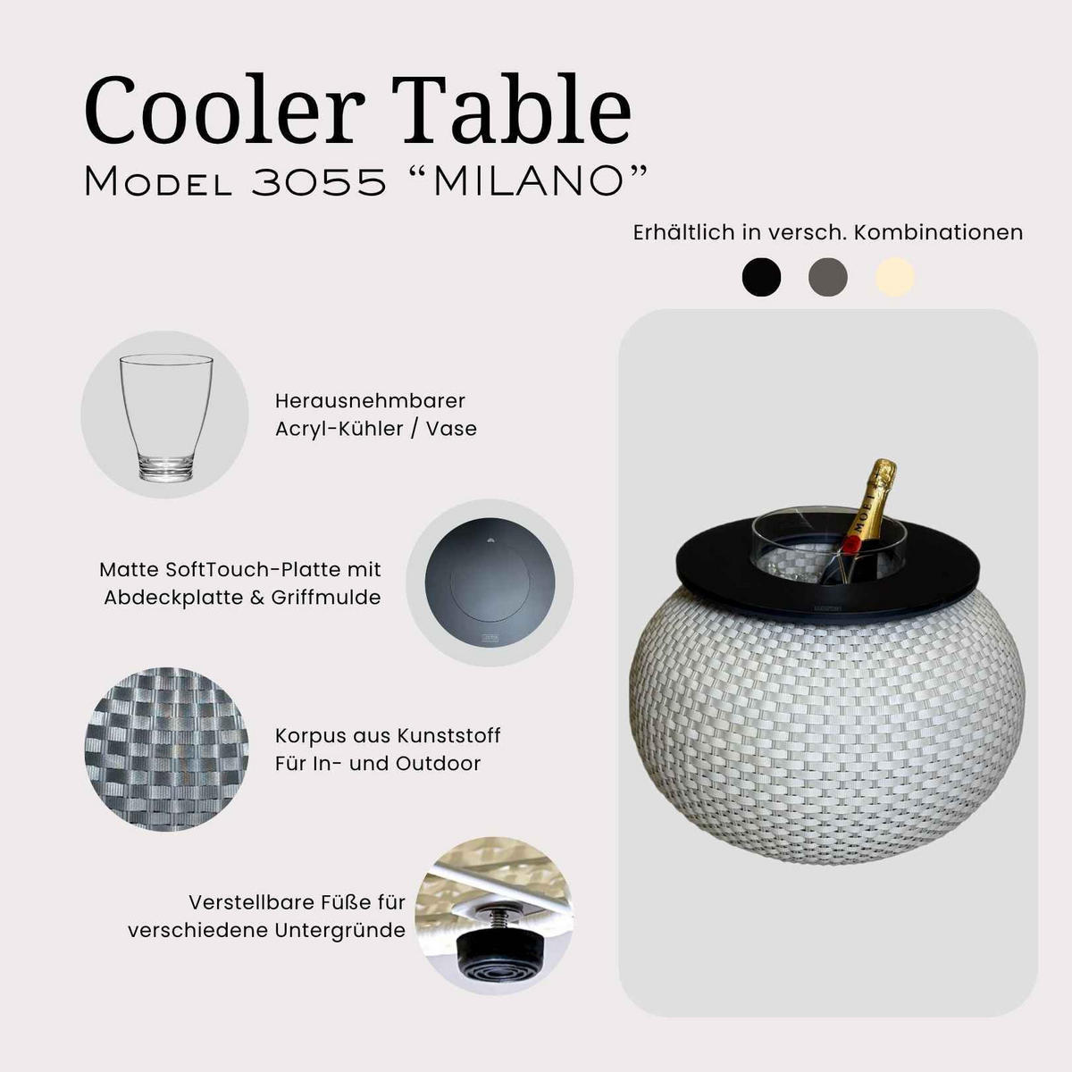 BEISTELLTISCH MIT ACRYL-KÜHLER Milano Champagner/Schwarz 40 cm - Champagner/Schwarz, Kunststoff (55/55/40cm) - COOTAB Cooler Table
