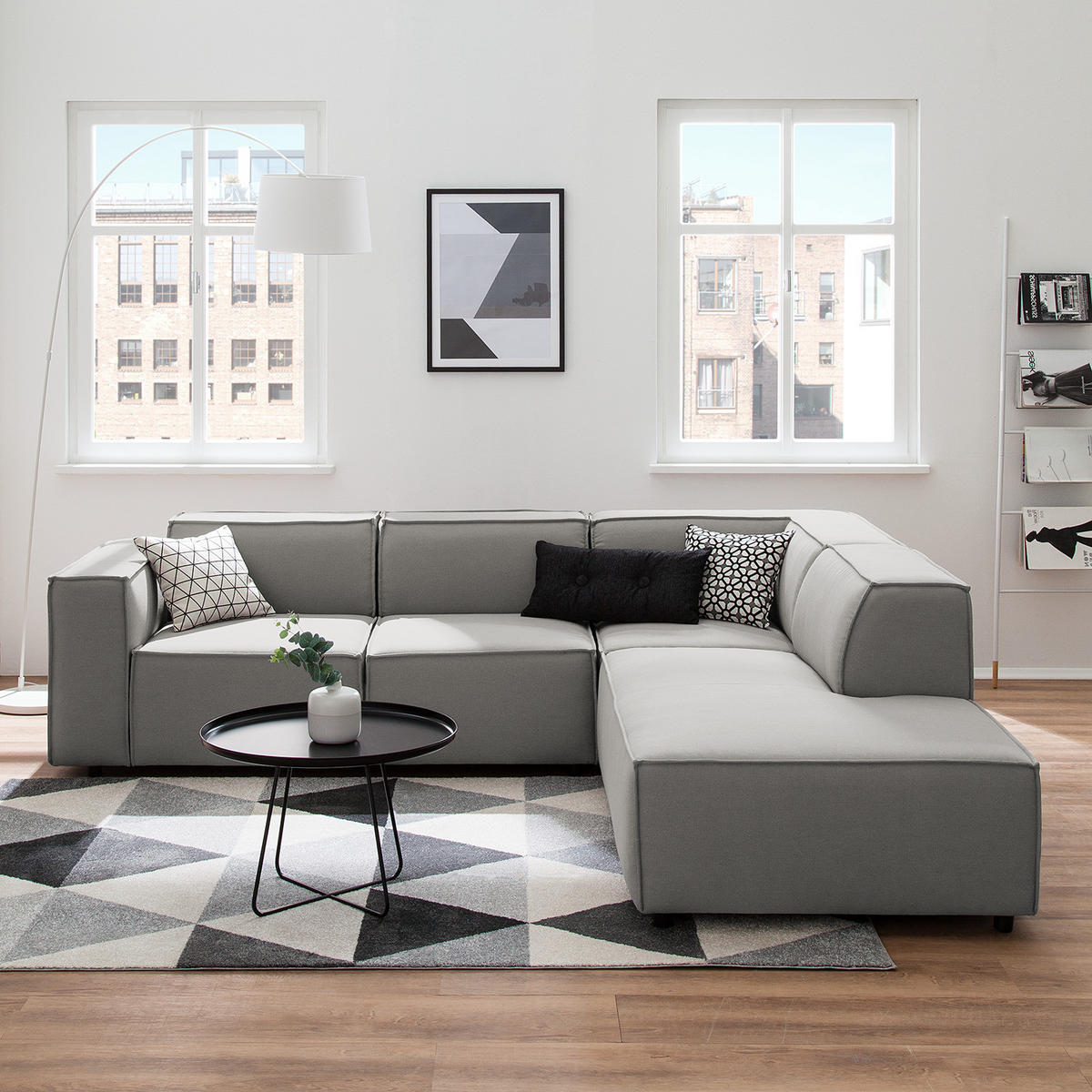 ECKSOFA mit Ottomane - Graubraun/Schwarz, Kunststoff/Textil (260/234cm) - home24