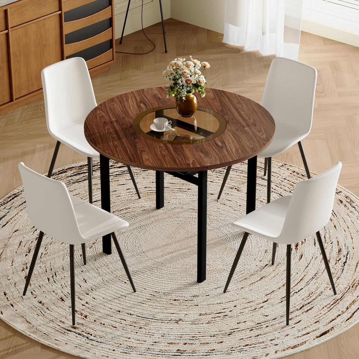 TISCHGRUPPE 5-tlg 100cm Holzoptik Braun mit 4 Weißen PU Sesseln - Weiß, Holzwerkstoff/Metall (63/22/113.5cm) - Raelunyi