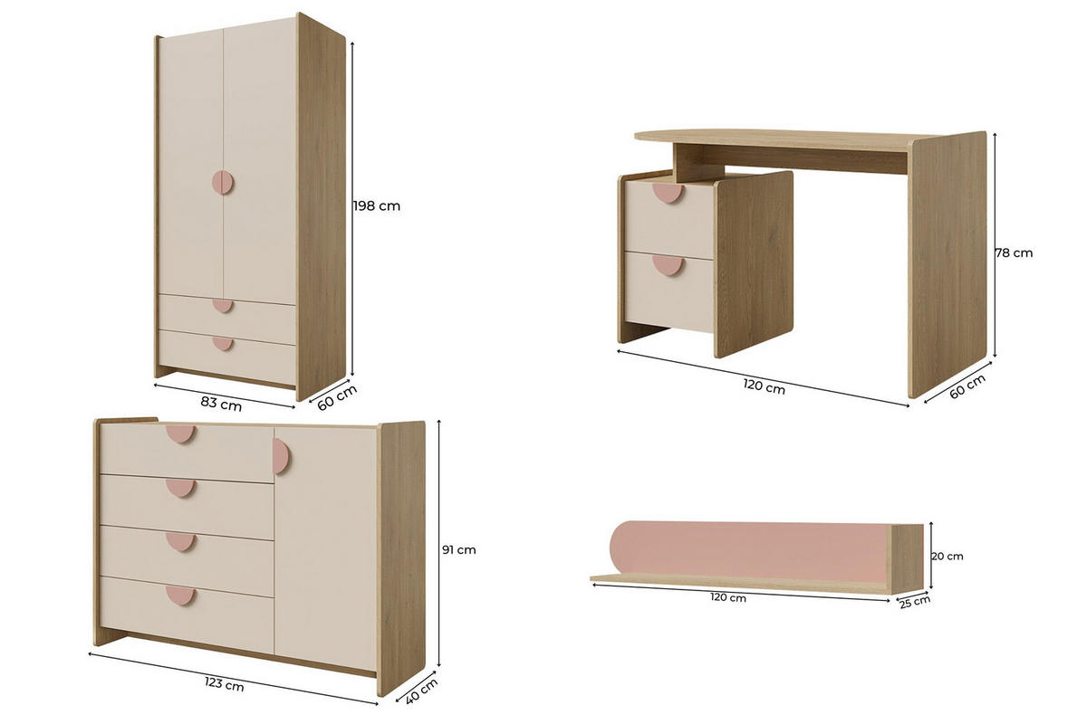 JUGENDZIMMER LEXO A 4-teilig in Eiche Cremona/Macadamia/Puderrosa - Eichefarben/Beige, Holzwerkstoff (326/198/60cm) - Deine Möbel 24