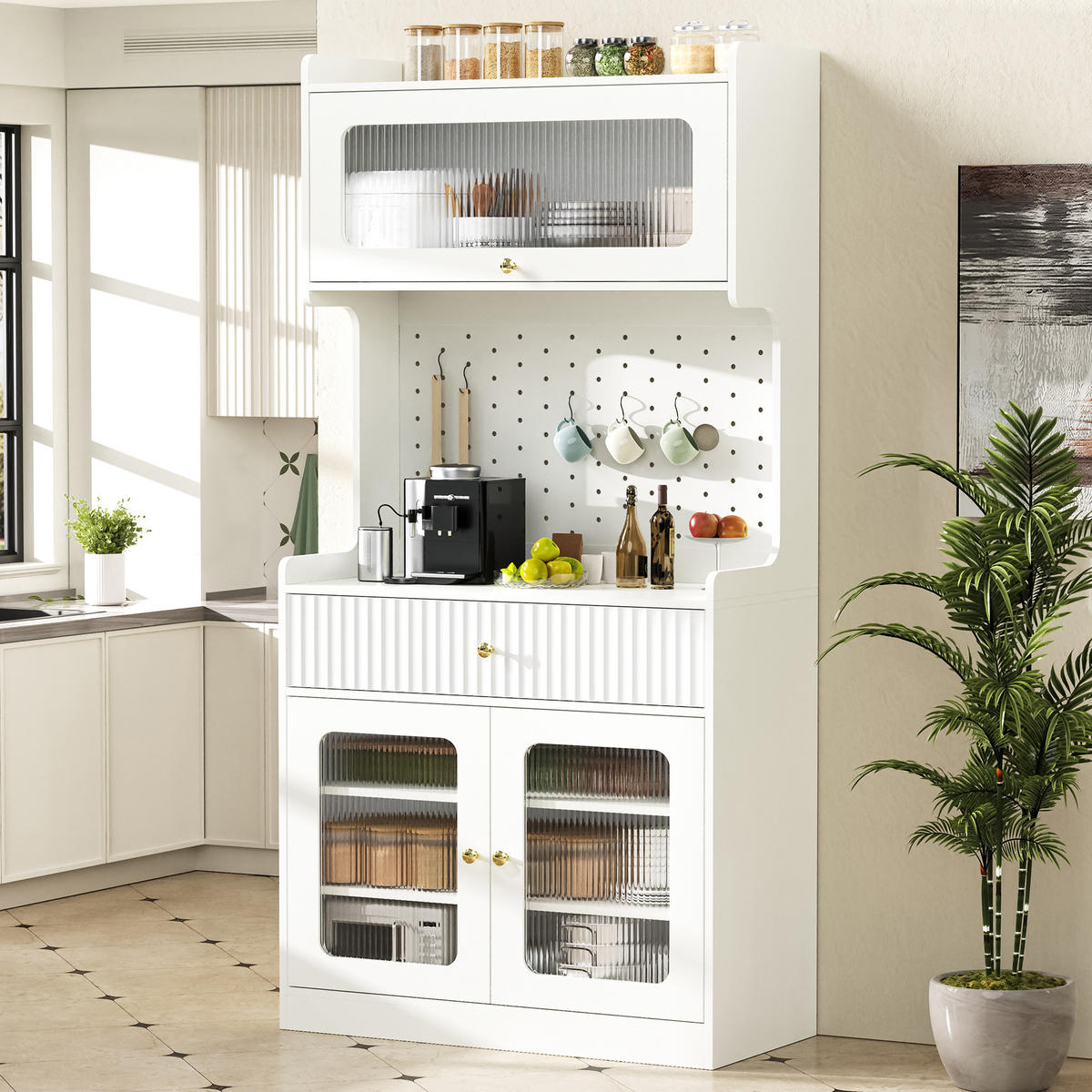 BUFFET Multifunktionaler Küchenschrank mit Glasstruktur, Lochwand und Schublade Weiß modern Standardgröße - Weiß, Holzwerkstoff (80/180/40cm) - EVRYAE
