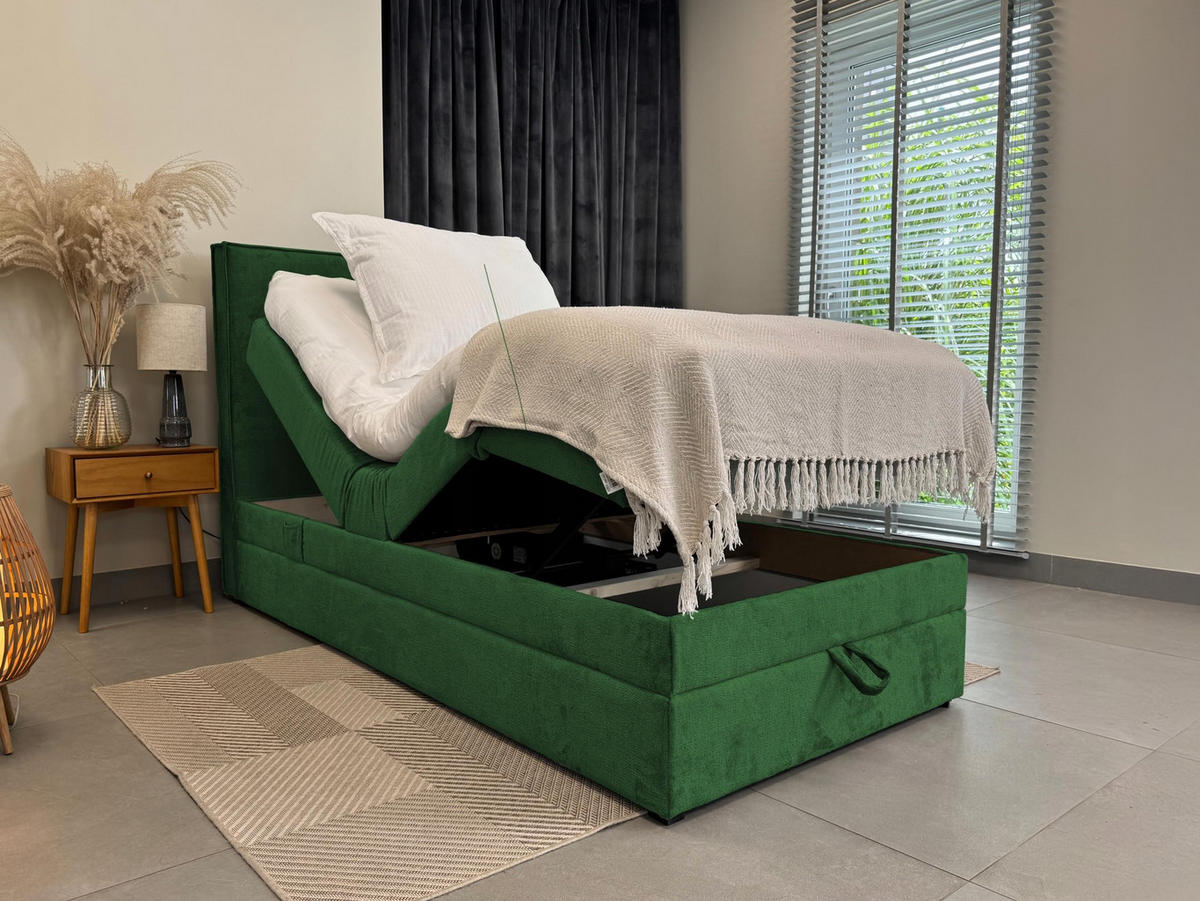 BOXBETT Sorrento - Elektrische Bett mit Matratze + Tooper, Kopfteil und Bettkasten - Stoffbezug Veloursstoff - 100x200 cm - Grün - Grün, Holzwerkstoff/Kunststoff (100/200cm) - Trada