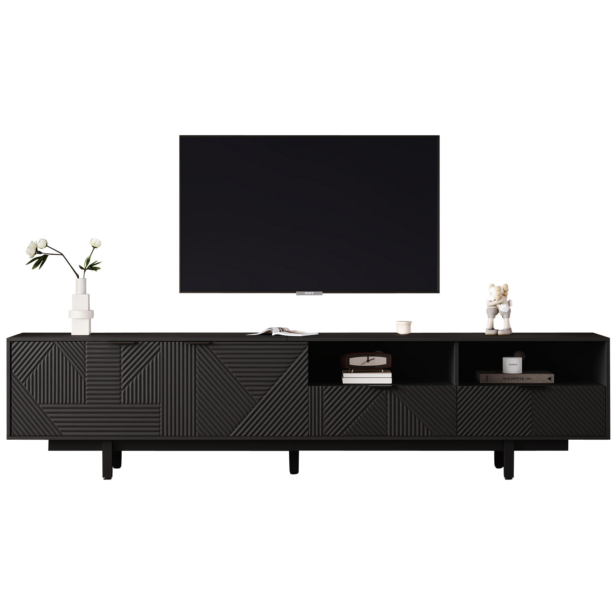 LOWBOARD 200/40/51 cm aus Spanplatte mit geometrischer Front und Kabeldurchlass Schwarz - Schwarz, Holzwerkstoff (200/51/40cm) - Modenvie