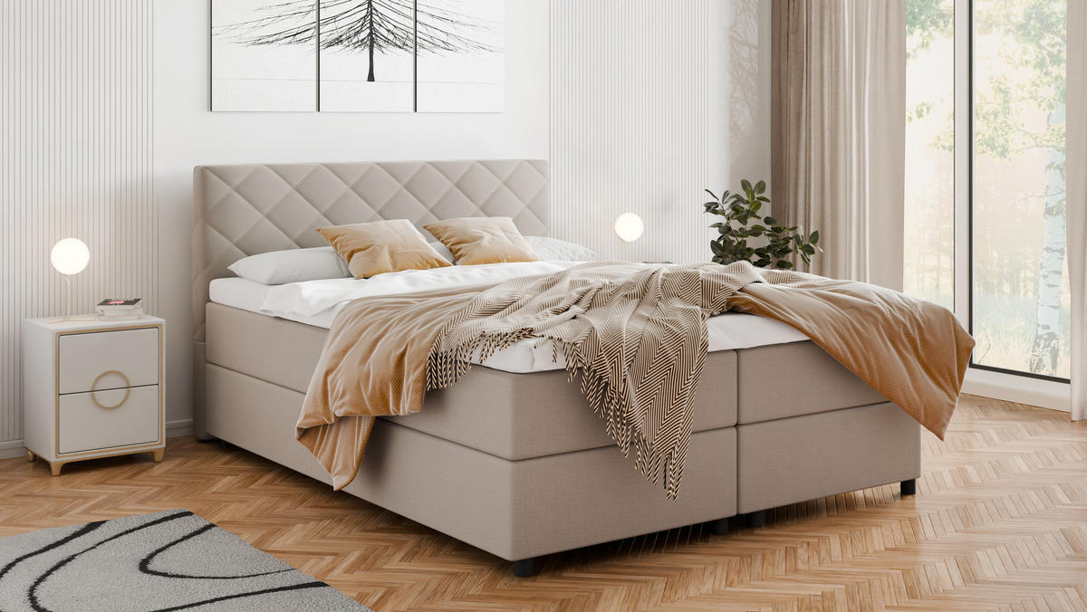 BOXBETT Diamaro 160x200 cm mit Bettkasten und Topper - Cappucino - Beige, Holz (160/200cm) - Panda Möbel