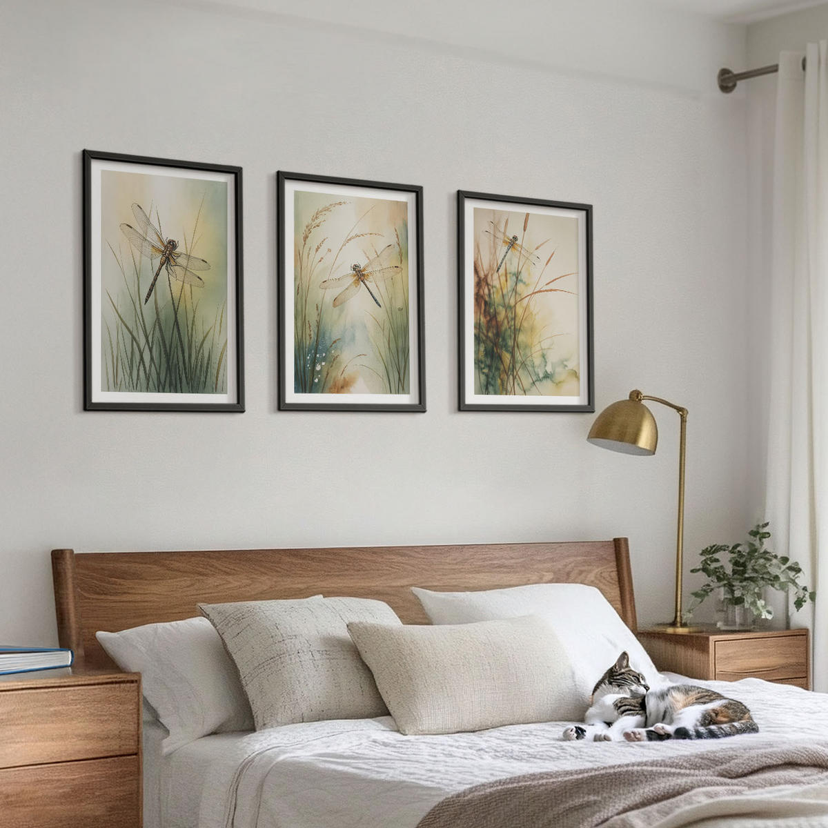 WANDBILDER 3er-Set - 40x60 cm Schwarzer Rahmen - Libellengräser über dem Wasser - Schwarz, Kunststoff (40/60cm) - ArtPrintCave