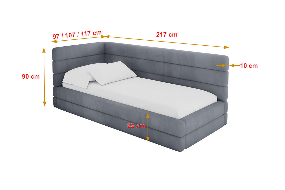 EINZELLBETT Jugendbett mit Bettkasten, Rechts - BEMY 90x200 Grau - Blaugrau, Holzwerkstoff/Textil (90/200cm) - ALTDECOR