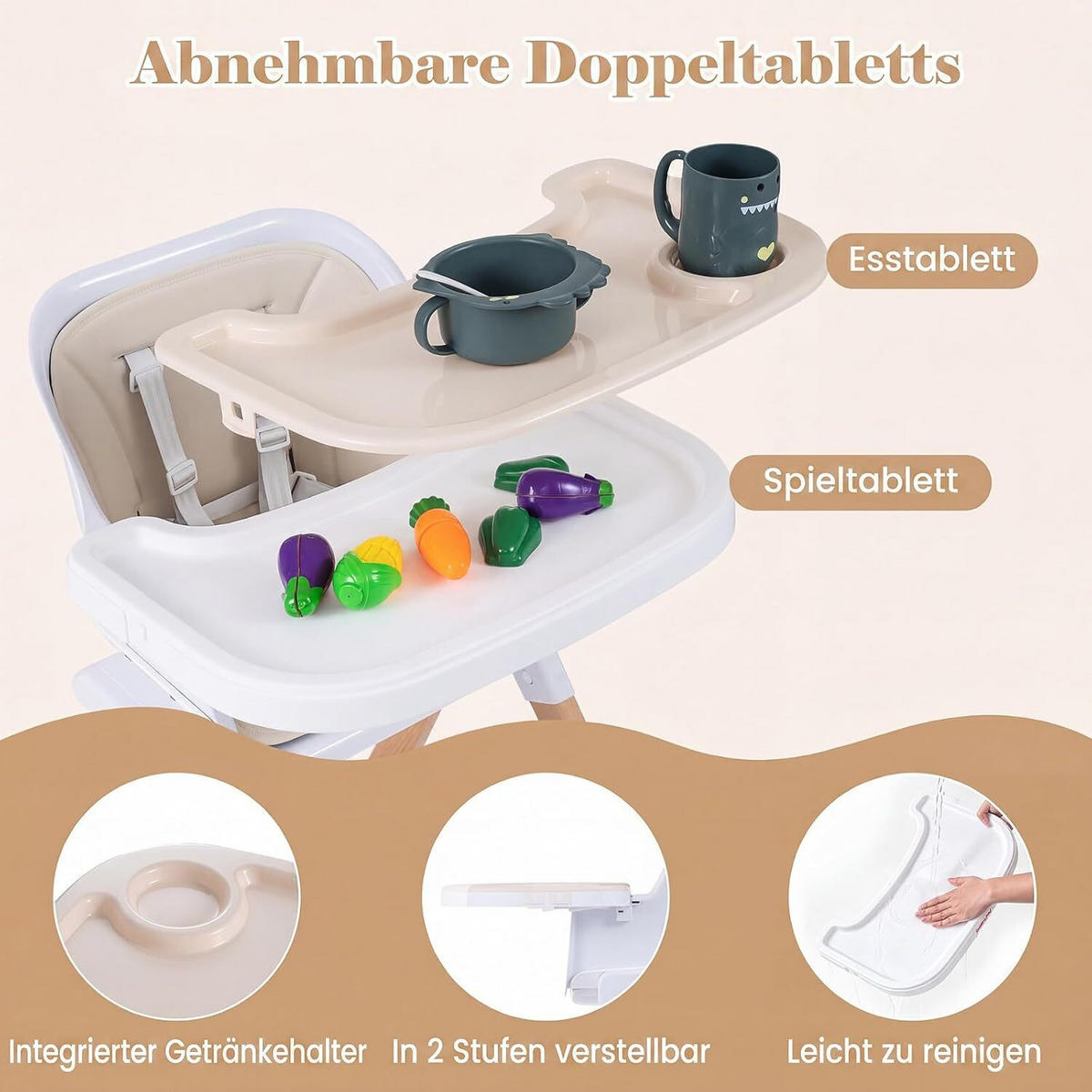KINDERHOCHSTUHL mit Tablett beige - Beige, Holz (71/93/58cm) - COSTWAY