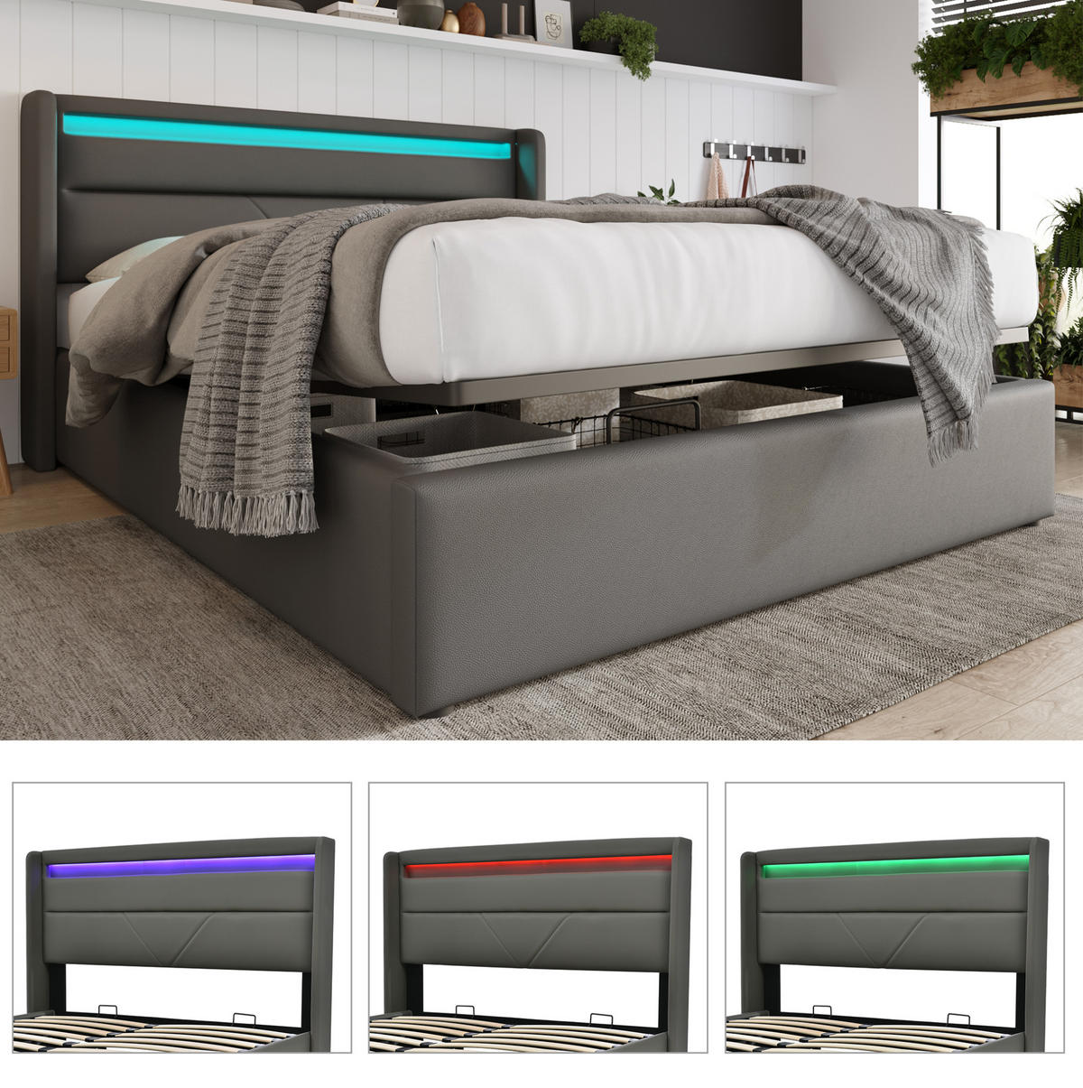 POLSTERBETT 160/200 cm Grau mit hydraulischem Stauraum und LED-Beleuchtung - Grau, Kunststoff (160/200cm) - OKWISH