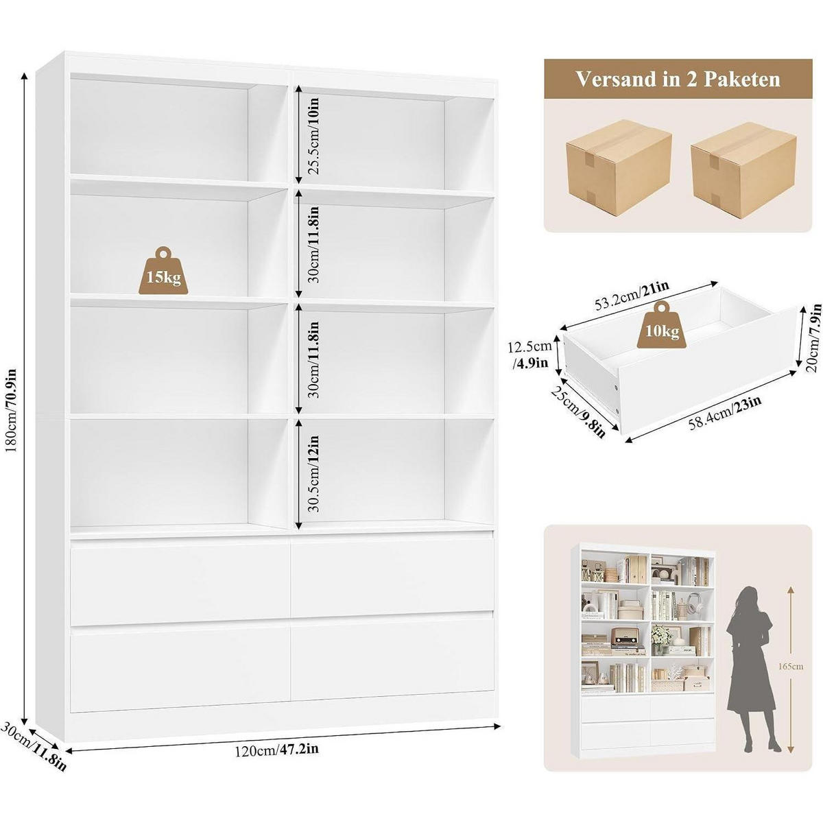 BÜCHERREGAL mit 4 Schubladen weiß 120 x 30 x 180 cm - Weiß, Holzwerkstoff (120/180/30cm)