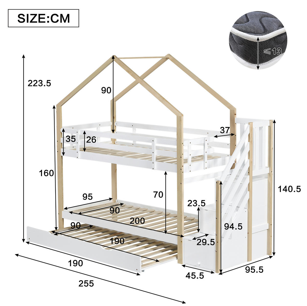 ETAGENBETT 90/200 & 90/190 cm mit Ausziehbett, Treppe mit 4 Schubladen und Absturzsicherung, Natur/Weiß - Weiß, Holz (90/200cm) - Redom