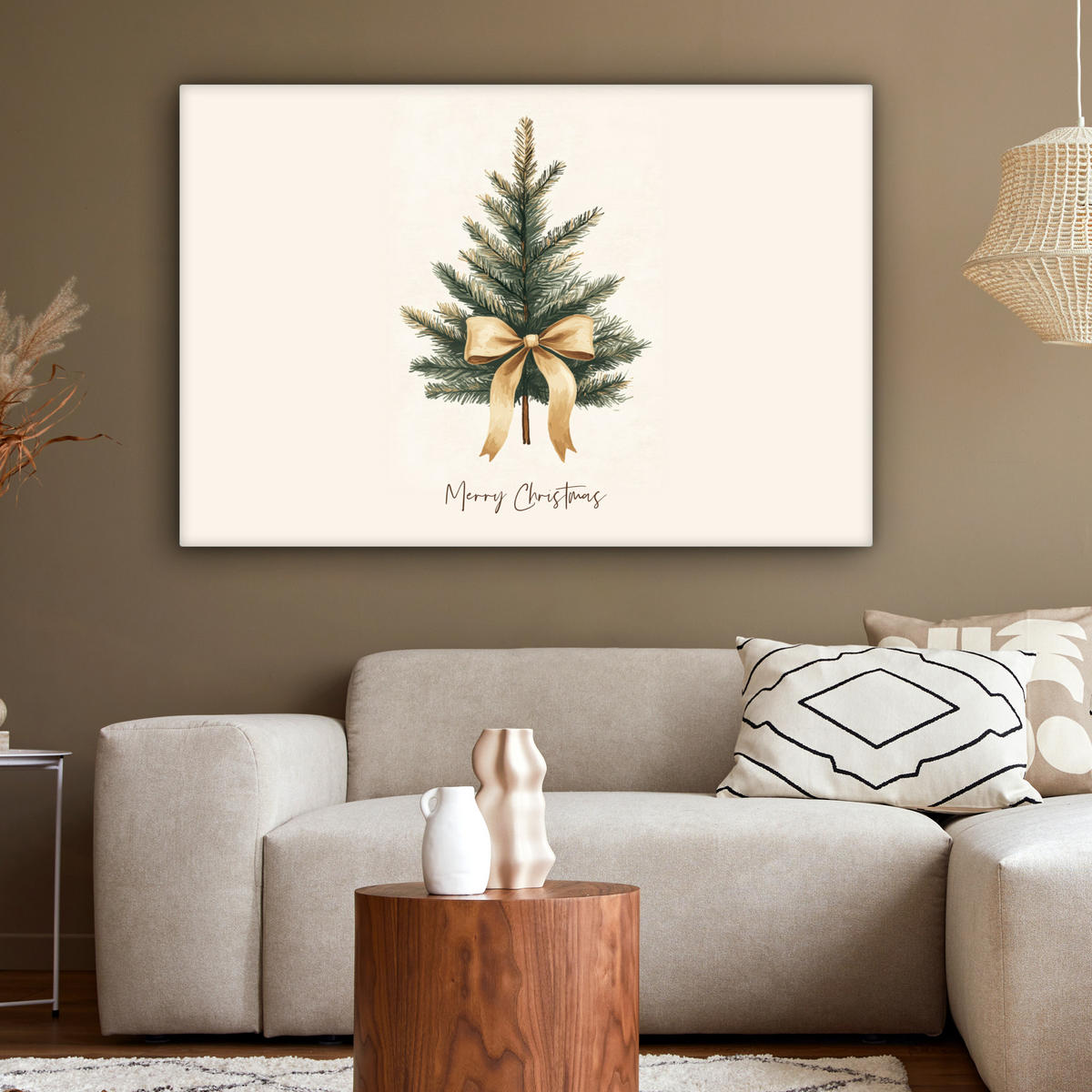 LEINWANDBILD Weihnachtsbaum - Weihnachten - Frohe Weihnachten - Beige XXL 150x100 cm - Sandfarben, Textil (150/100cm) - MuchoWow