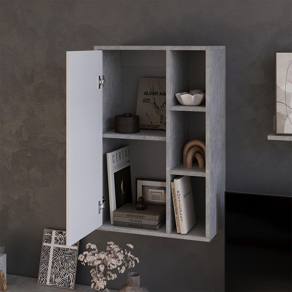 STĚNOVÁ POLICE Berno Beton/bílá - šedá, kompozitní dřevo (50.1/78.4/28.3cm) - Vicco