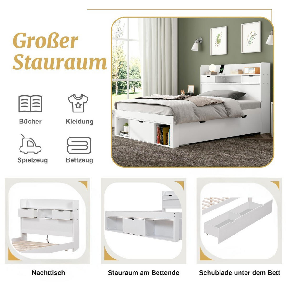 JUGENDBETT 90/200 cm in Weiß mit Großer Stauraum - Weiß, Holz (90/200cm) - KOMHTOM