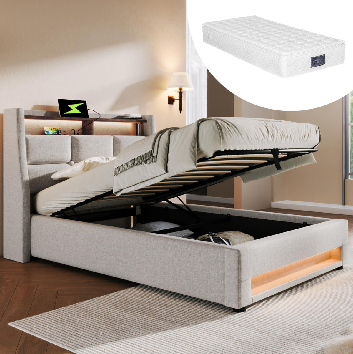 POLSTERBETT 90/200 cm Beige mit LED, USB und Stauraum - Beige, Textil (90/200cm) - Flora Grace