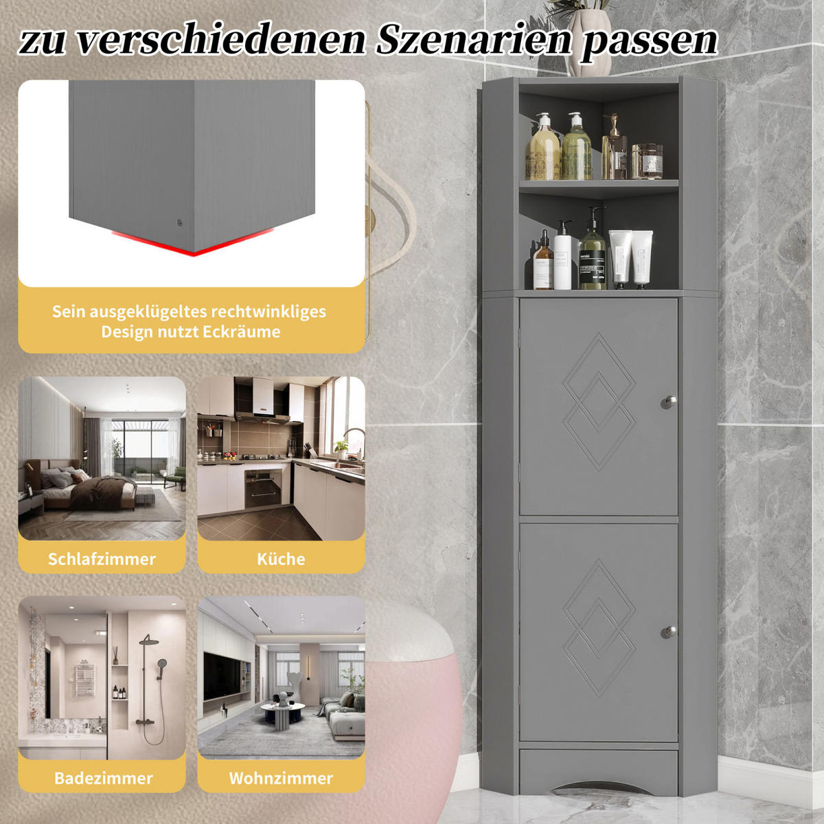 HOCHSCHRANK ,Badschrank Grau mit Türen offenen Fächern - Grau, Holz (36/155/36cm) - PARAFTA HOME