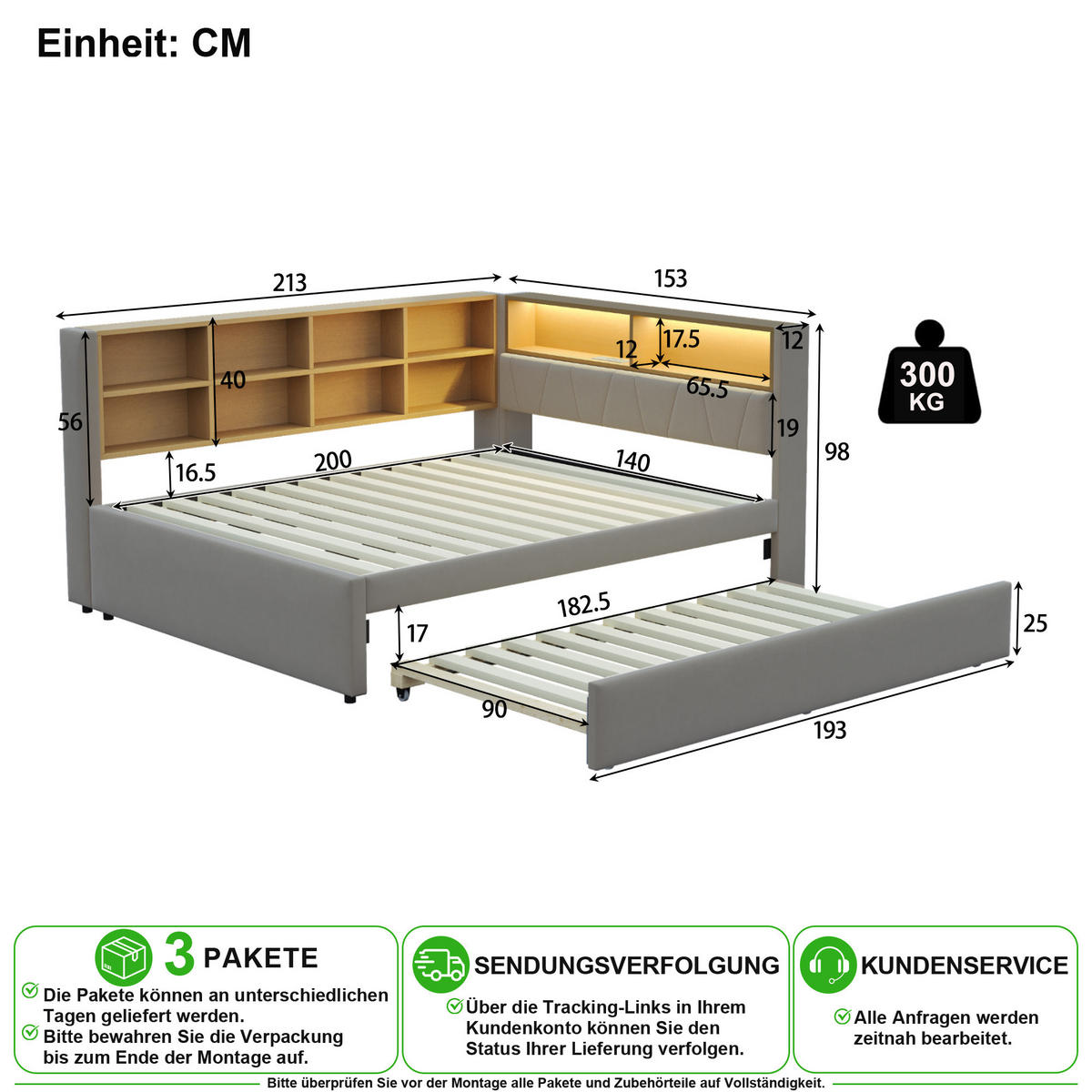 SCHLAFSOFA 140/200 cm & 90/190 cm in Dunkelgrau mit Ausziehbett, LED, USB-C und Ablagen - Dunkelgrau, Holzwerkstoff/Textil (140/200cm) - CHICFURN