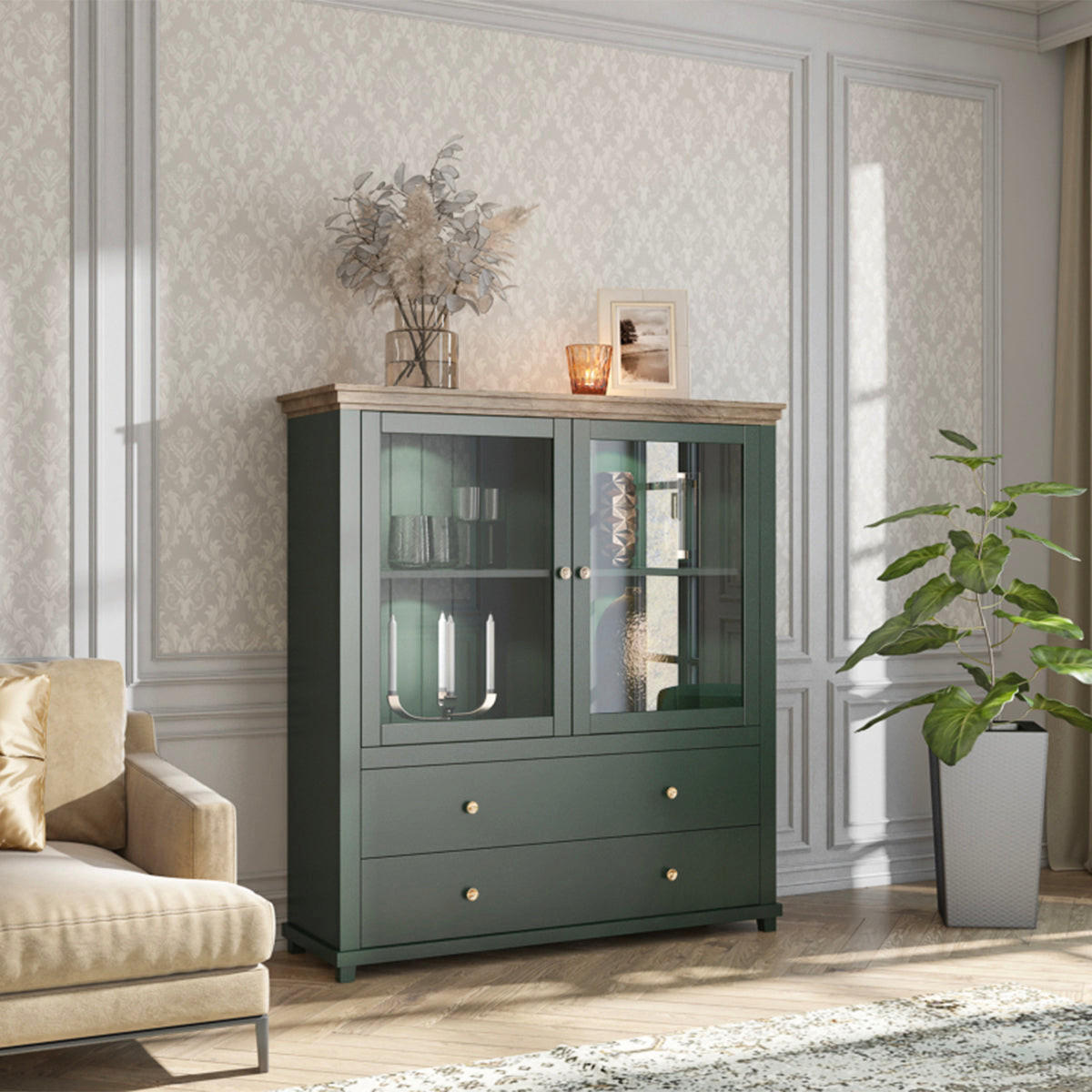 SKRINKA NA RIAD Martin Zelená a drevo - zelená, kompozitné drevo (126/138/42cm) - Petits-meubles