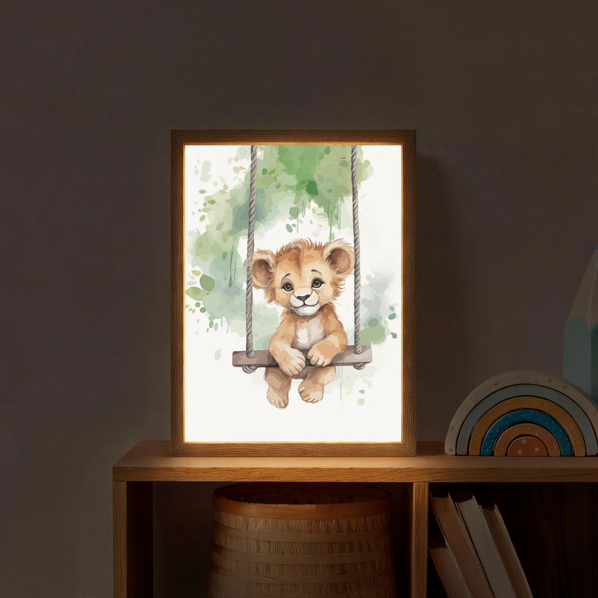 NACHTTISCHLAMPE MIT AKKU Löwe - Tier - Kinder - Dschungel 30x40 cm - Weiß, Holzwerkstoff (8/30/40cm) - OnlyWow