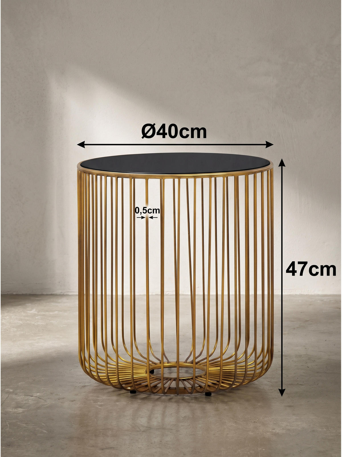 BEISTELLTISCH DENIA, Einscheiben-Sicherheitsglas, Schwarz-Gold, Ø 40 x 47 cm - Goldfarben, Glas/Metall (40/40/47cm) - KADIMA DESIGN