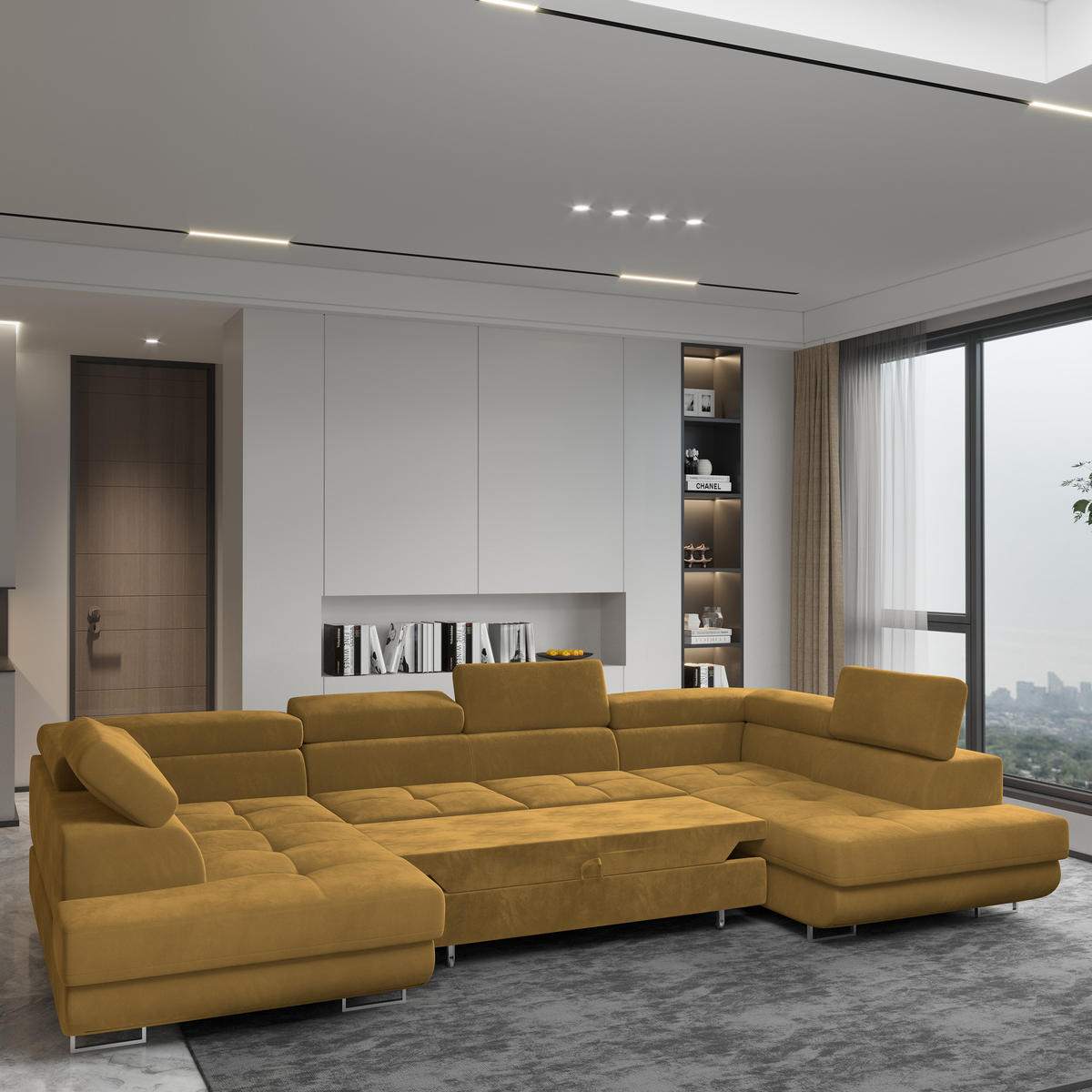 WOHNLANDSCHAFT RAGGIO Gelb Velours-Stoff mit Schlaffunktion - Gelb, Holz (336/90/202cm) - MASSENO