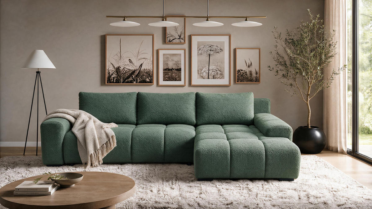 ECKSOFA Ovia mit Bettkasten und Schlaffunktion, Bouclé-Stoff in L-Form - Grün, Textil (270/185cm)