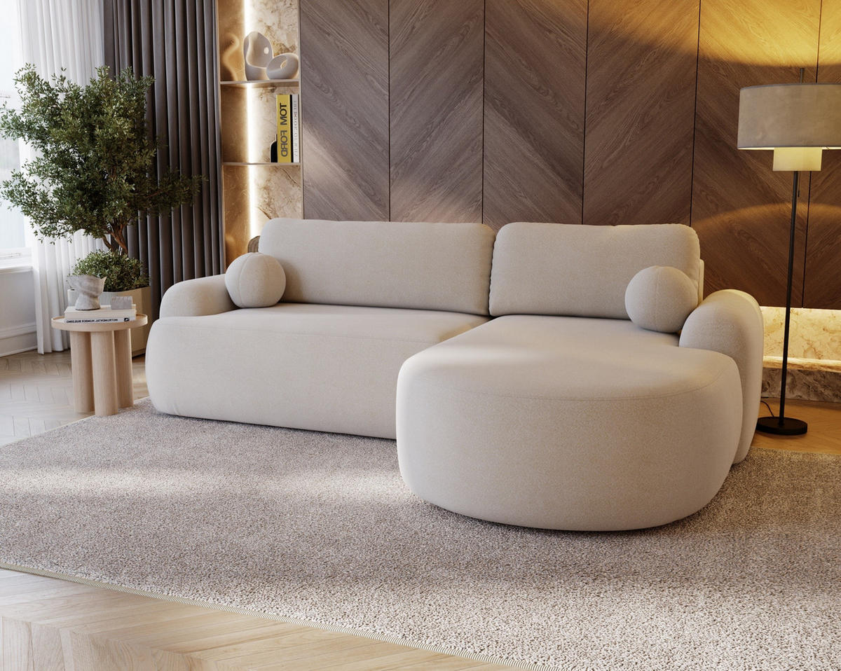 ECKSOFA Cloudy Creme, Sofa aus Boucle-Stoff mit Kissen, rechte seite - Creme, Holzwerkstoff/Textil (261/177cm) - Bettso