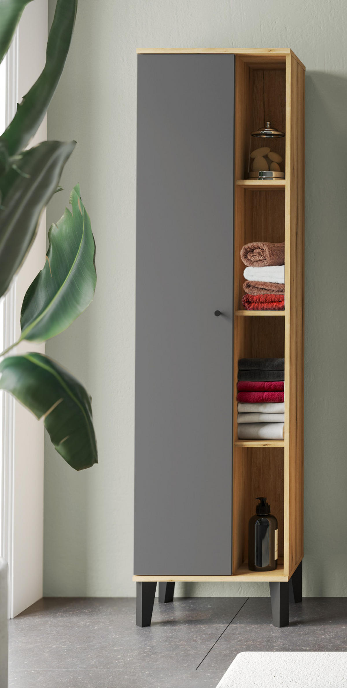 BAD-HOCHSCHRANK grau, Evoke Eiche, Badschrank, 51 x 190 cm - Eichefarben/Schwarz, Holz/Holzwerkstoff (51/190/33cm) - Furn.Design