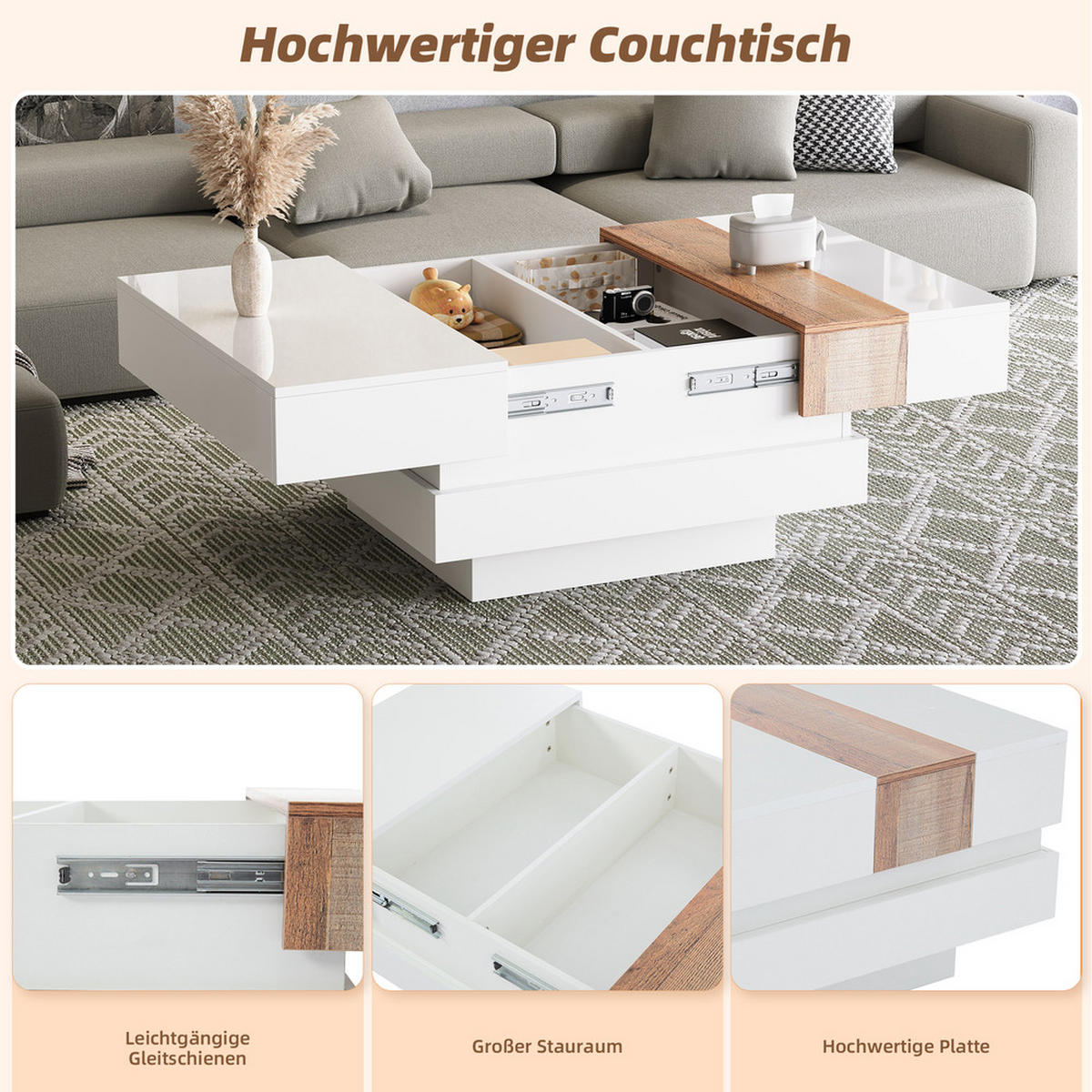COUCHTISCH 70x70cm Weiß Hochglanz Ausziehbar Quadratisch Stauraum Trennwand - Weiß, Holz (83.82/80.01/15.24cm) - FLIEKS