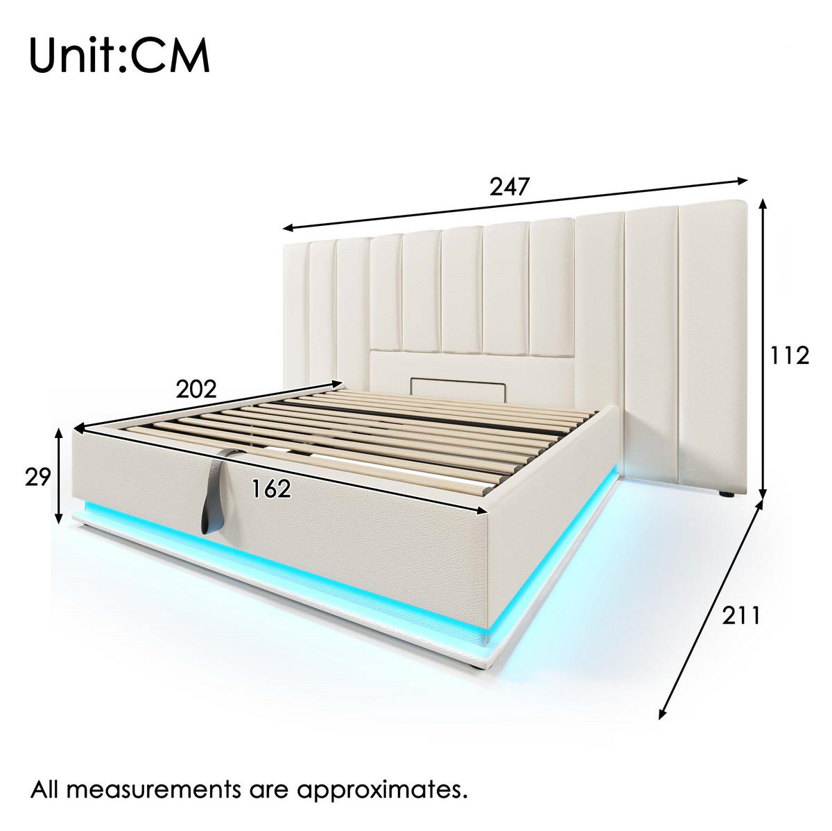 BETT mit Stauraum 160x200 cm PU Weiß mit LED und USB-C - Weiß, Metall (160/200cm) - Meubliv