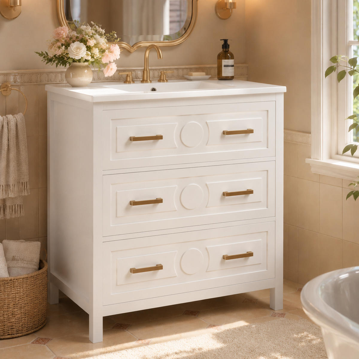 WASCHTISCHKOMBI 76.5/47/82 cm Weiß mit 3 Schubladen, ohne Wasserhahn - Goldfarben/Weiß, Holz/Holzwerkstoff (47/82/76.5cm) - Oxeza