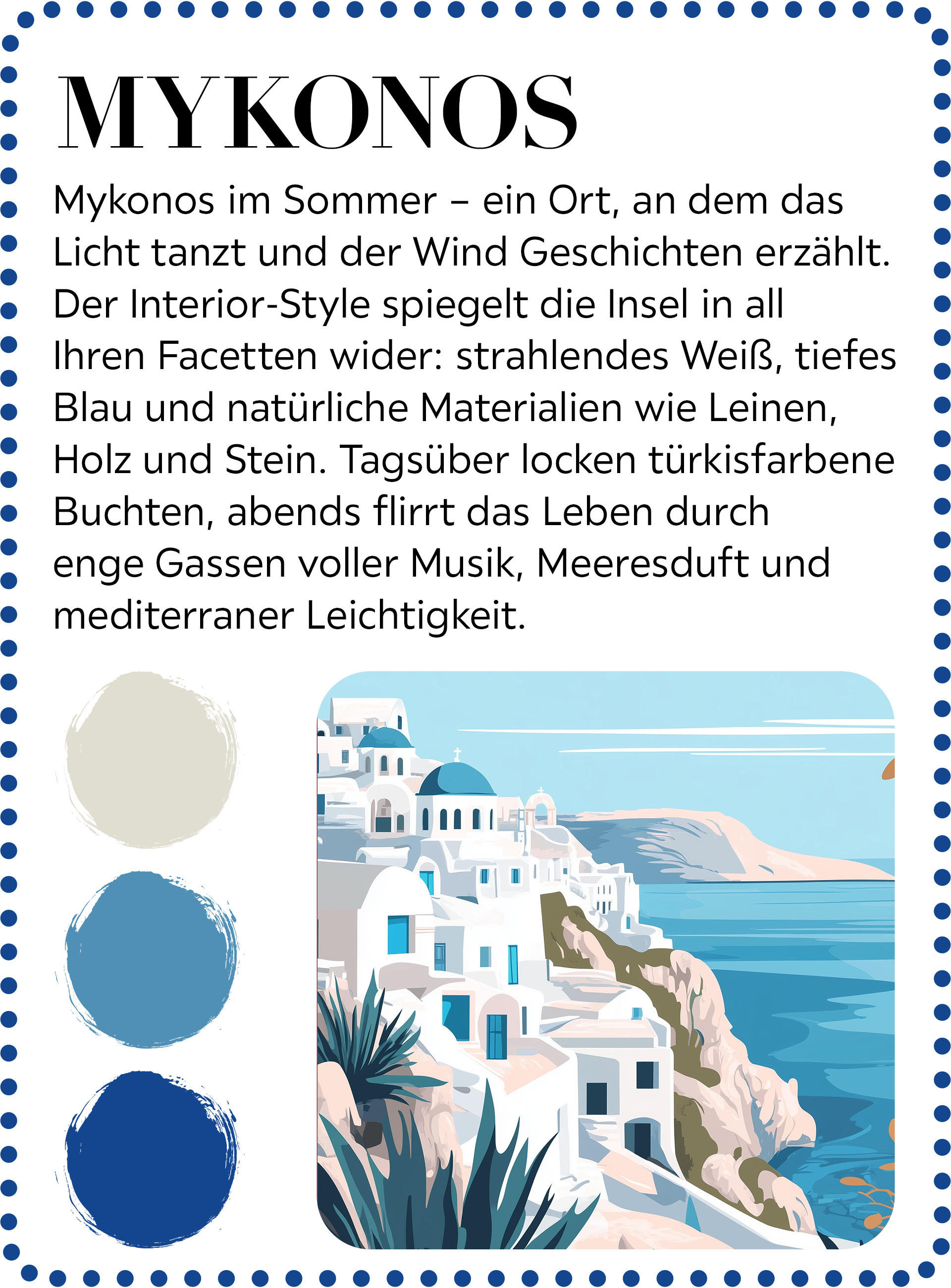 Illustration von Mykonos mit weißen Häusern an einer Küste, tiefblauem Meer und klarem Himmel, typisch mediterraner Stil
