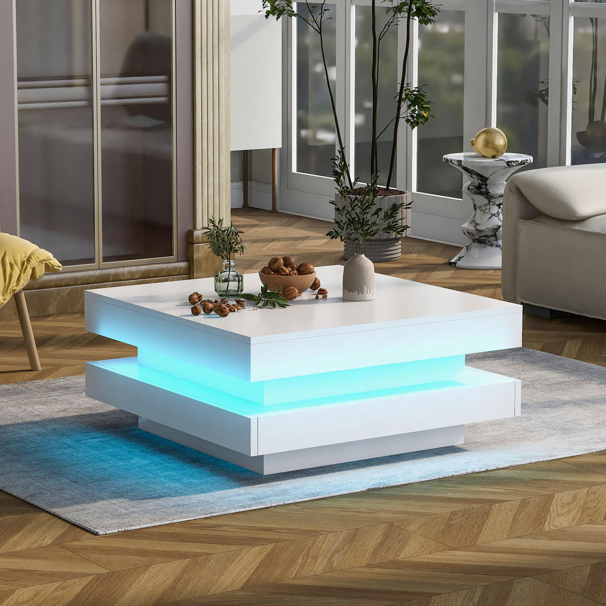 COUCHTISCH 70/70/36 cm Weiß aus Holzwerkstoff mit 360° drehbarer Tischplatte und LED-Lichtband - Weiß, Holzwerkstoff (70/70/36cm) - OKWISH