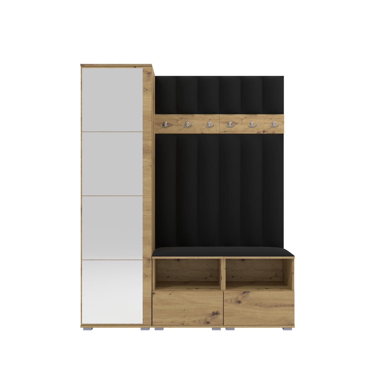 GEPOLSTERT Garderoben-Set Nela II LUX (Spiegel – Farbe Eiche Artisan + Stoff Trinity 16) - Silberfarben/Schwarz, Holz/Holzwerkstoff (150/187/40cm) - Ravio