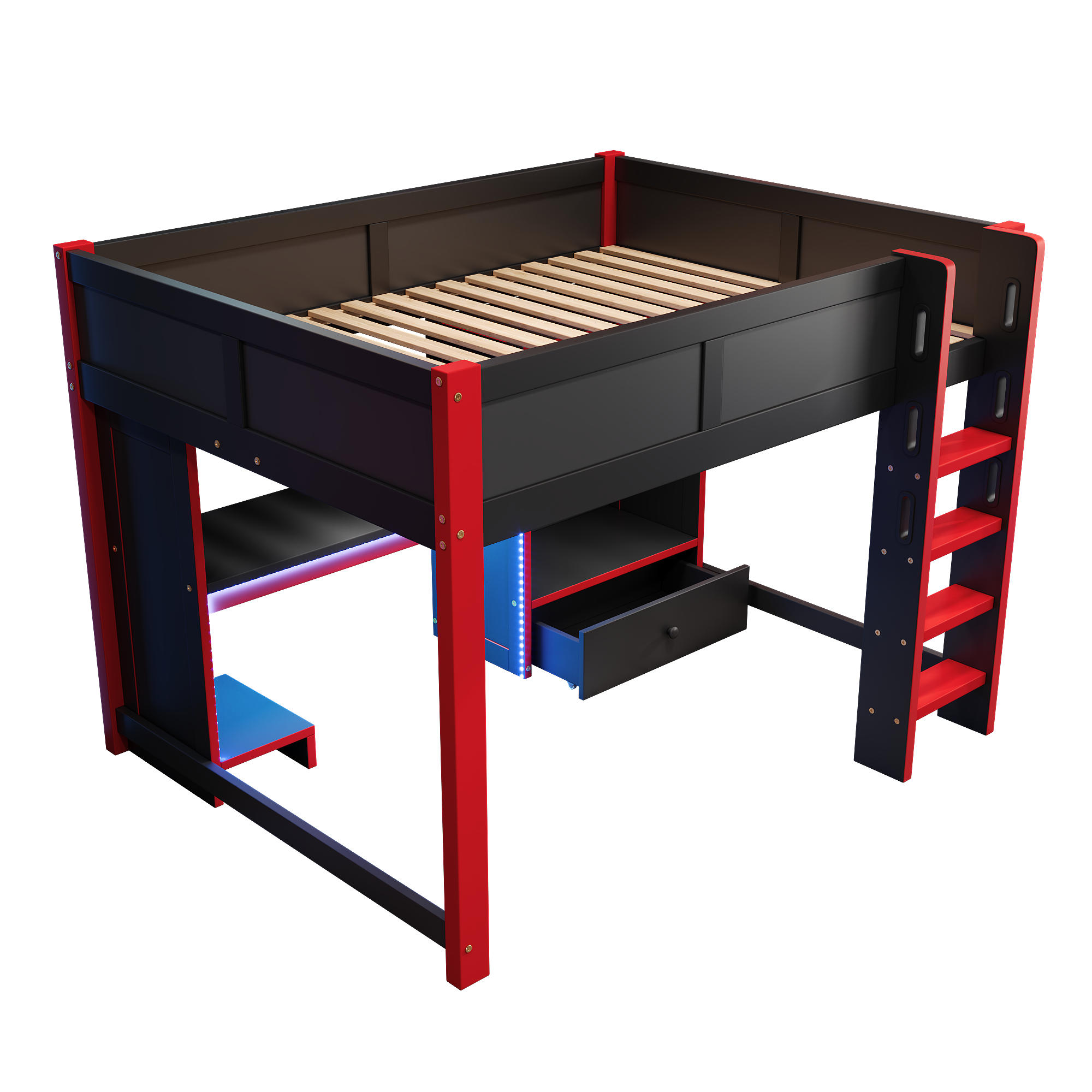 HOCHBETT 140/200 cm DE-04843, mit LED, Schreibtisch und Schubladen in Schwarz/Rot - Rot/Schwarz, Holz/Holzwerkstoff (140/200cm) - ComfortXL