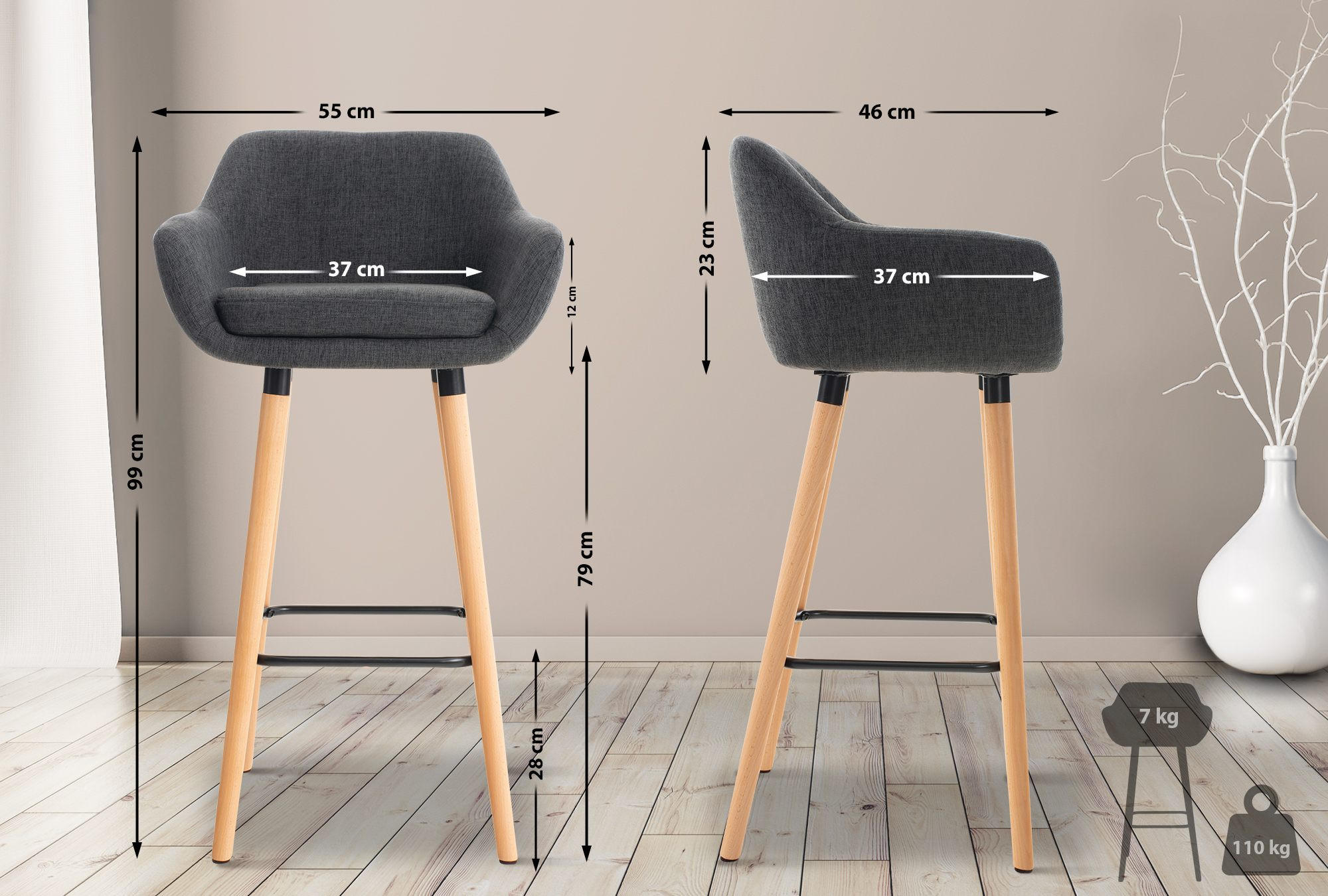 BARHOCKER Stoff dunkelgrau - Eukalyptusholzfarben/Dunkelgrau, Holz/Textil (55/99/46cm) - CLP