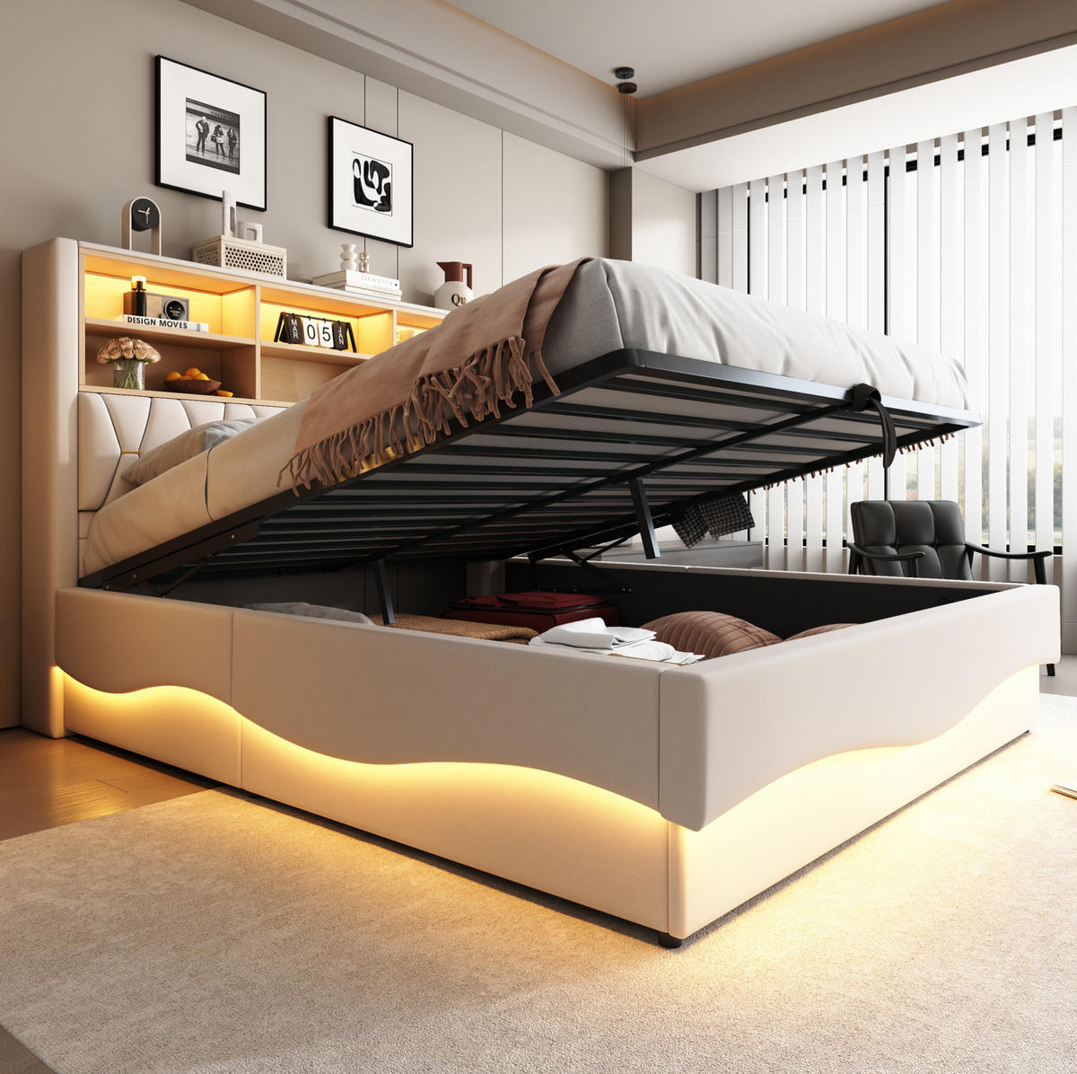 ČALÚNENÁ posteľ 180/200 cm, kov, béžová, s LED osvetlením, USB a hydraulickým úložným priestorom - béžová, kov (180/200cm) - BEAOK