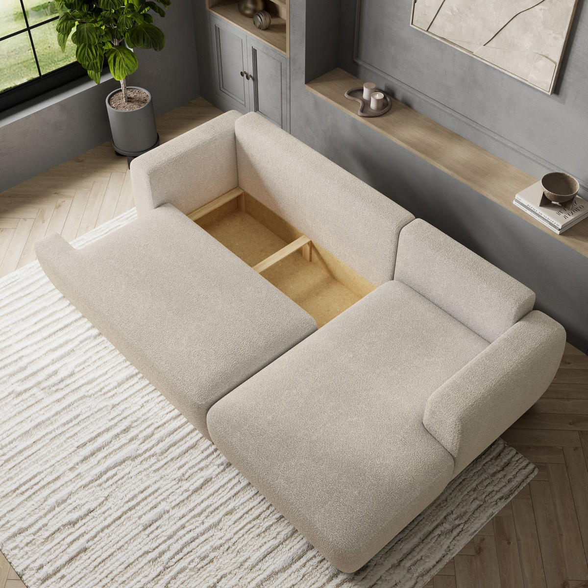 ECKSOFA SENTI N R-S Grün Boucle-Stoff mit Schlaffunktion - Grün, Holz (246/148cm) - MASSENO