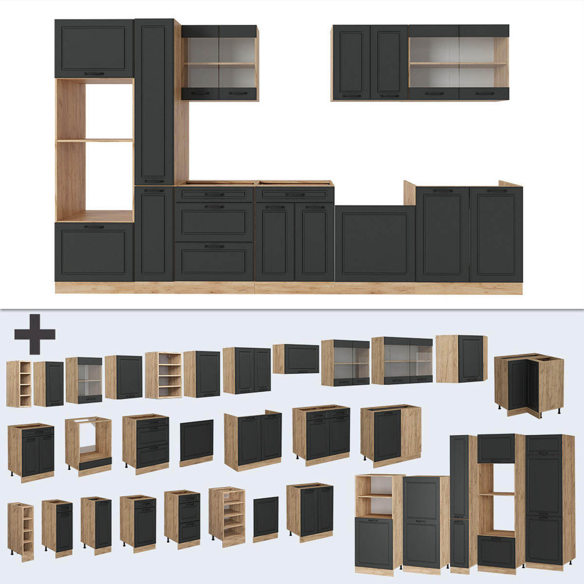 KOMPLETNÍ KUCHYNĚ R-Line Antracitový venkovský dům/zlatý dub - medově dubová/antracitová, kompozitní dřevo (350/81.6/60cm) - Vicco
