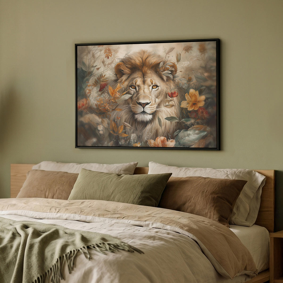 LEINWAND Bilder mit Rahmen - Löwe - Wildtiere - Pflanzen - Natur - Blumen - 70x50 - Beige, Textil (70/50cm) - MuchoWow