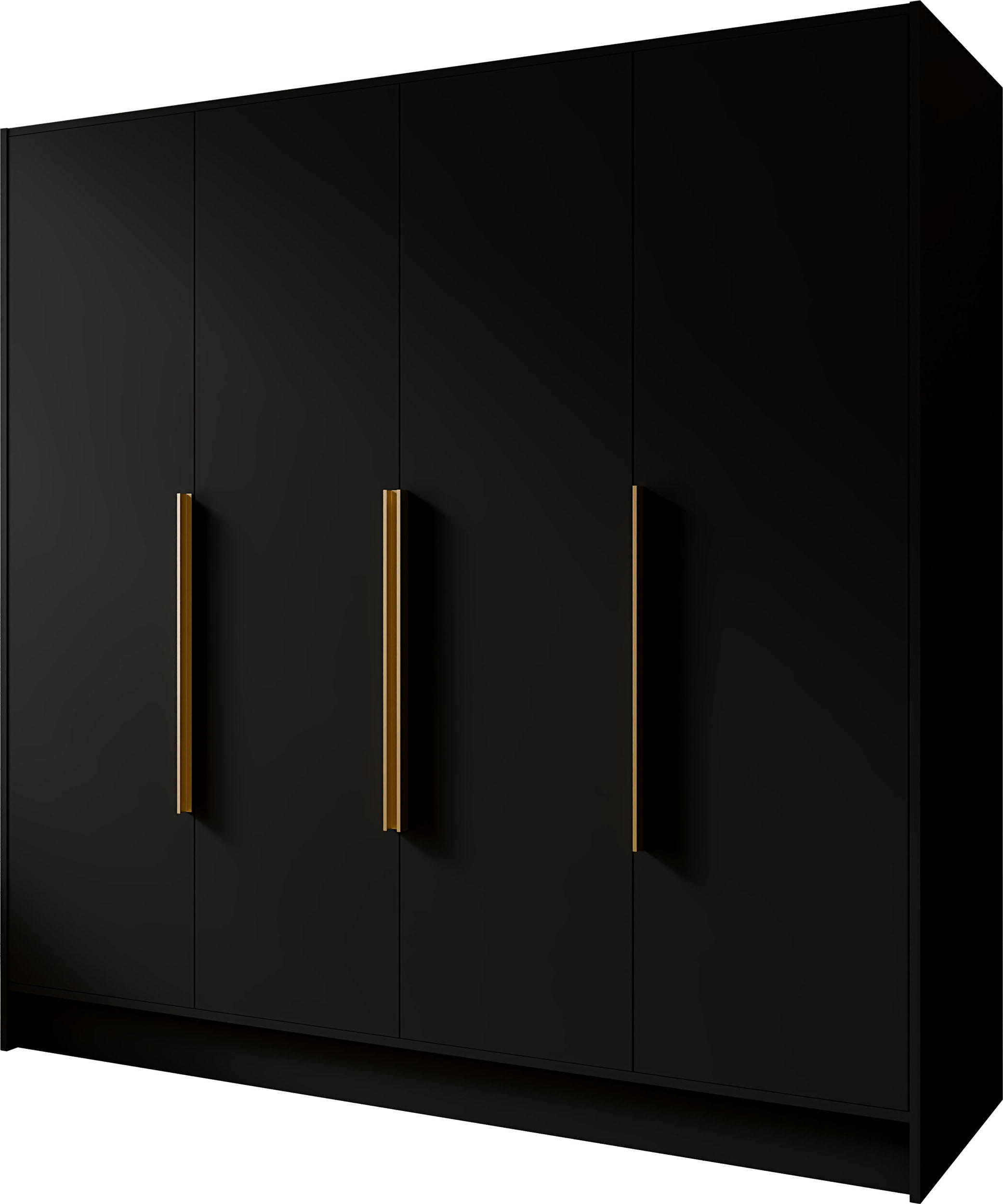 KLEIDERSCHRANK Mono Bis im Skandi-Stil, Drehtüren mit Goldene Metallgriffe, Schwarz 200/200/51 cm - Schwarz, Holzwerkstoff (200/200/51cm) - WFL GROUP