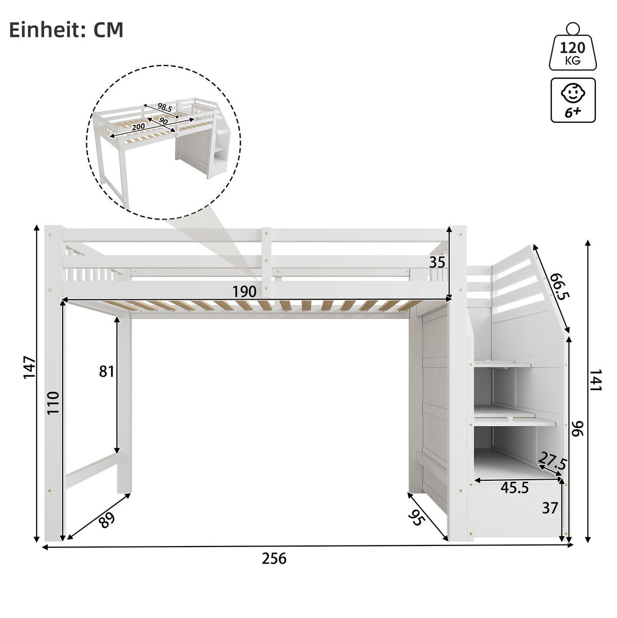 HOCHBETT 90/200 cm aus Kiefernholz mit Geländer, Weiß - Weiß, Holz (90/200cm) - OKMYHOME